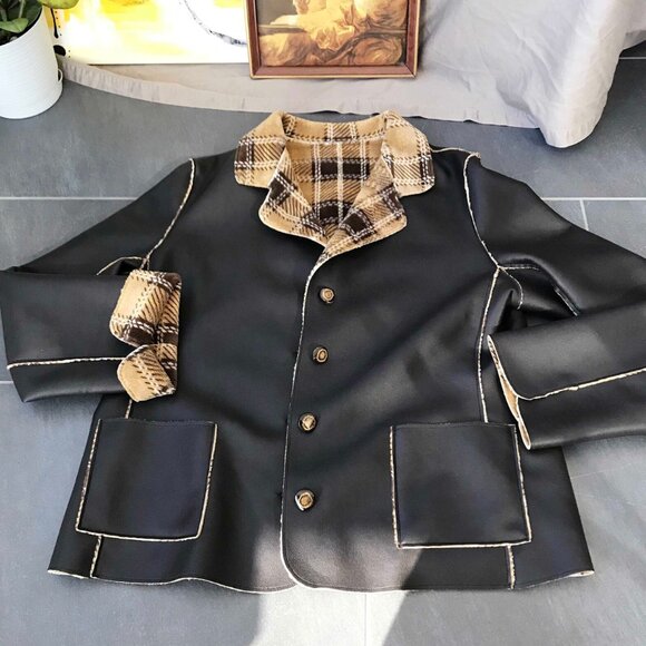Reversible double sided faux leather jacket / Plaid checkered flannel jacket - Picture 3 of 9